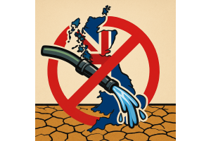 An AI-rendered image of a hosepipe within a prohibited emblem upon the backdrop of the UK outline.  