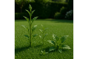 An image of four weed flowers sprouting through artificial grass. 