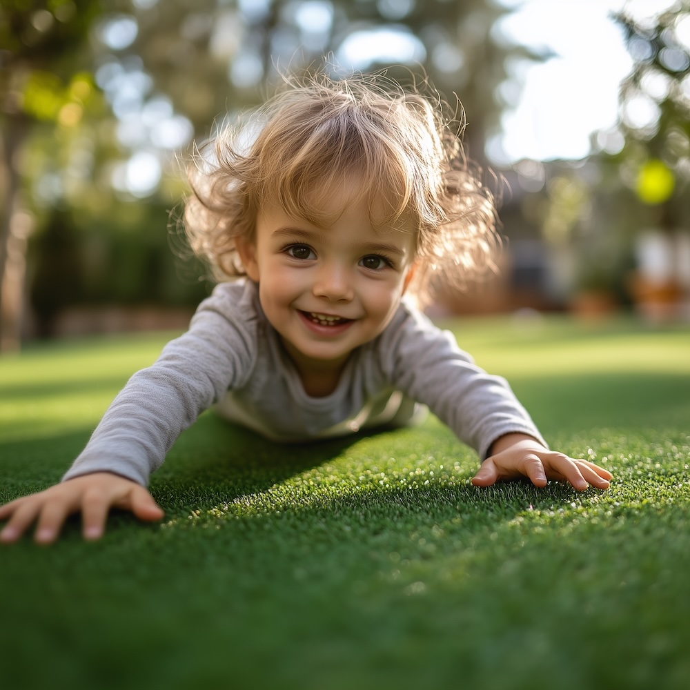 a child playing on artificial grass