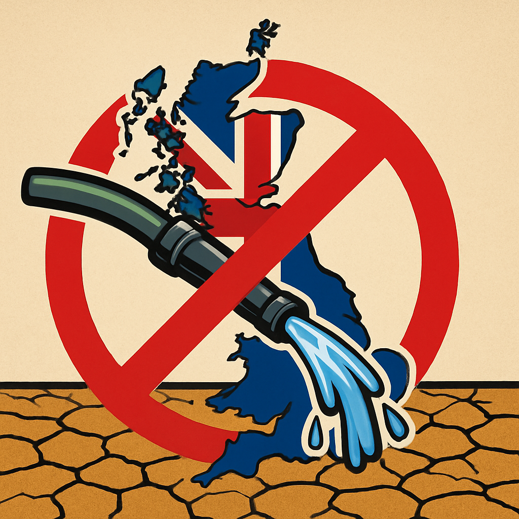 An AI-rendered image of a hosepipe within a prohibited emblem upon the backdrop of the UK outline.  