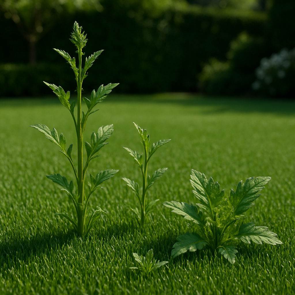 An image of four weed flowers sprouting through artificial grass. 